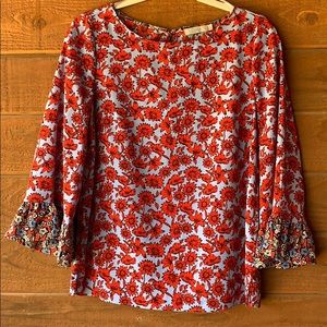 DAHLIA Red & Blue Top with Flutter Sleeves